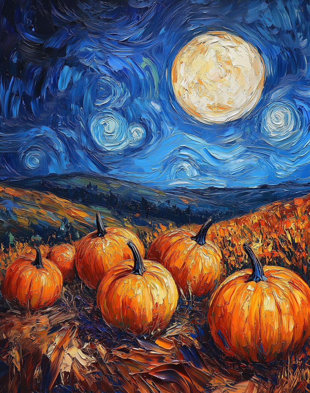 Moonlit Pumpkin Patch fall art print unframed, signed by Pattie Overcash