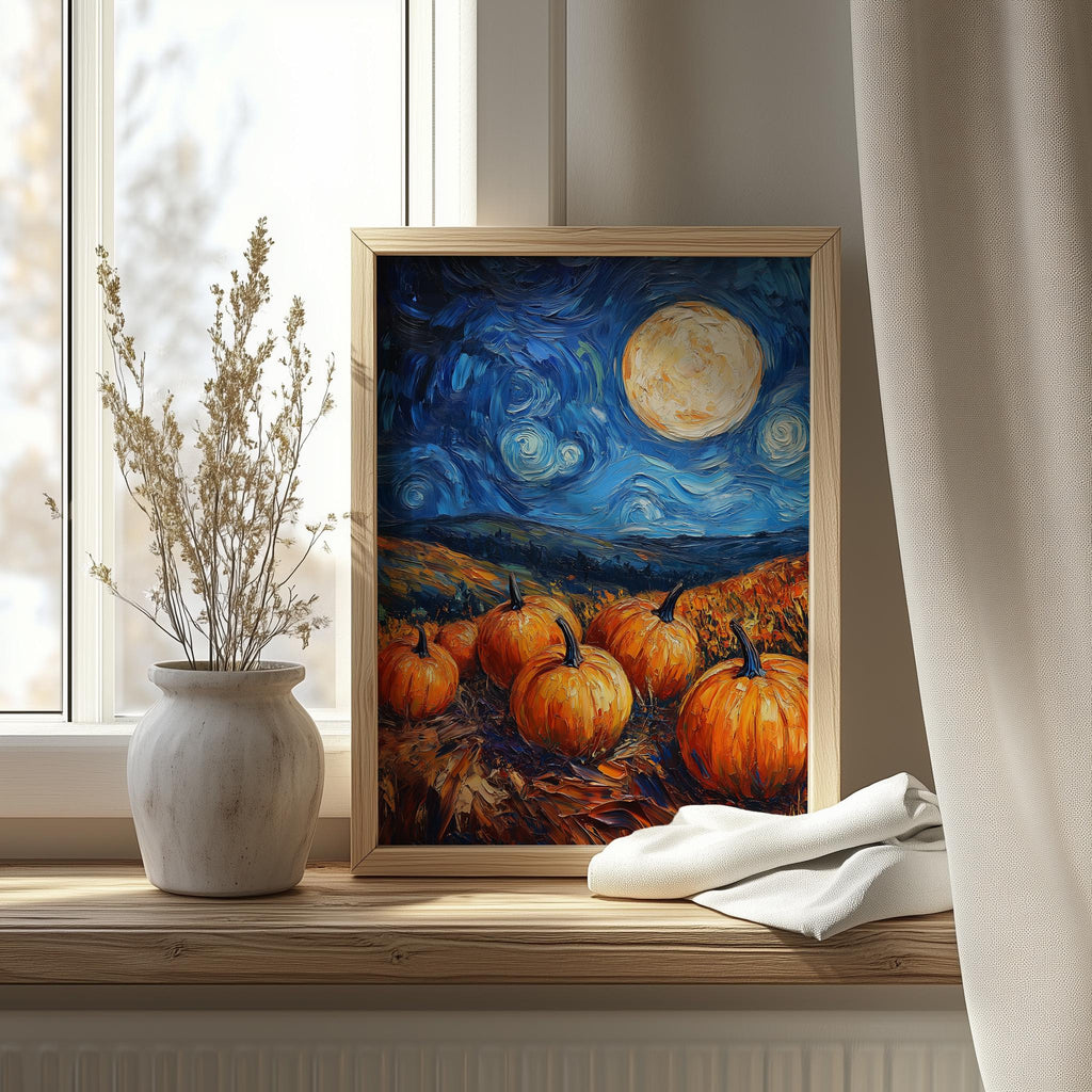 Moonlit Pumpkin Patch fall art print shown in a room setting