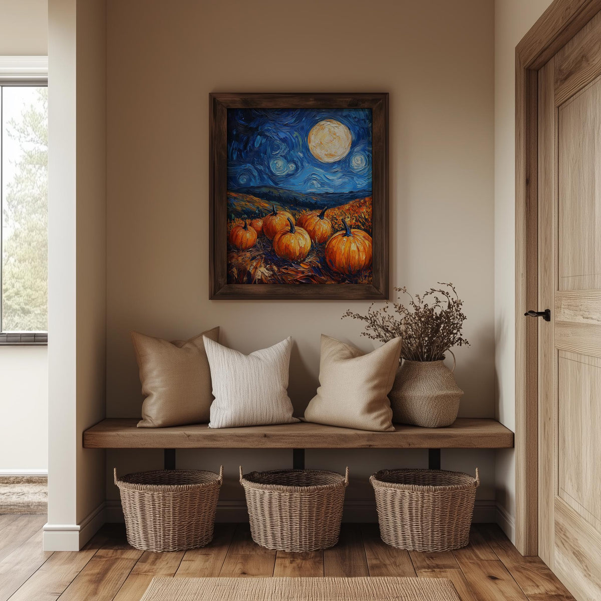 Moonlit Pumpkin Patch fall art print shown in a room setting