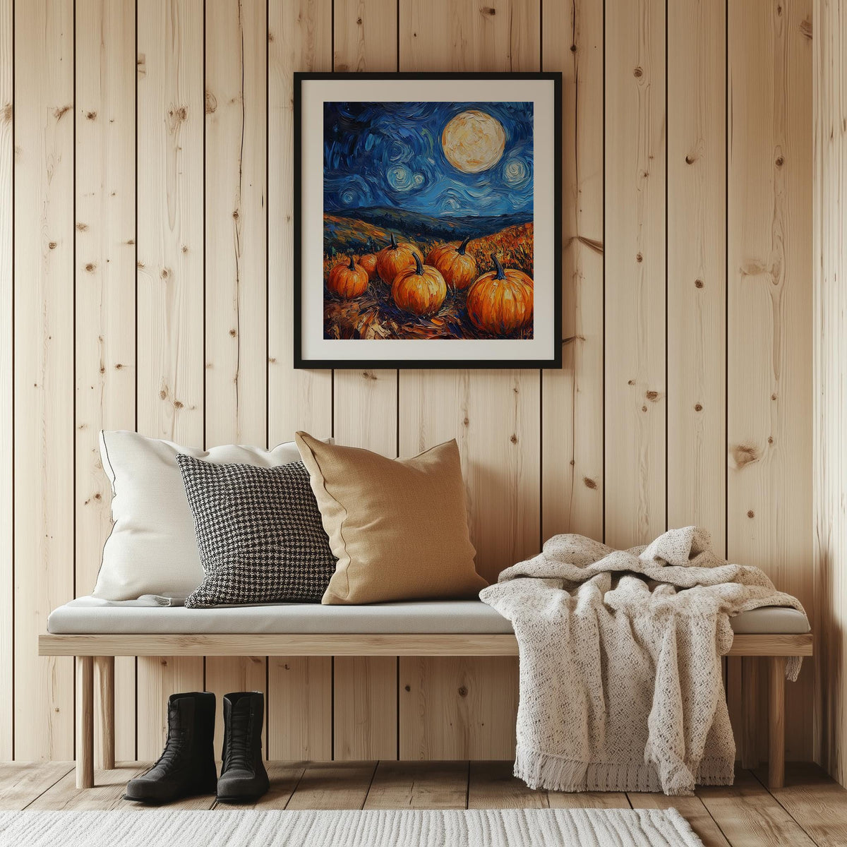 Moonlit Pumpkin Patch fall art print shown in a room setting