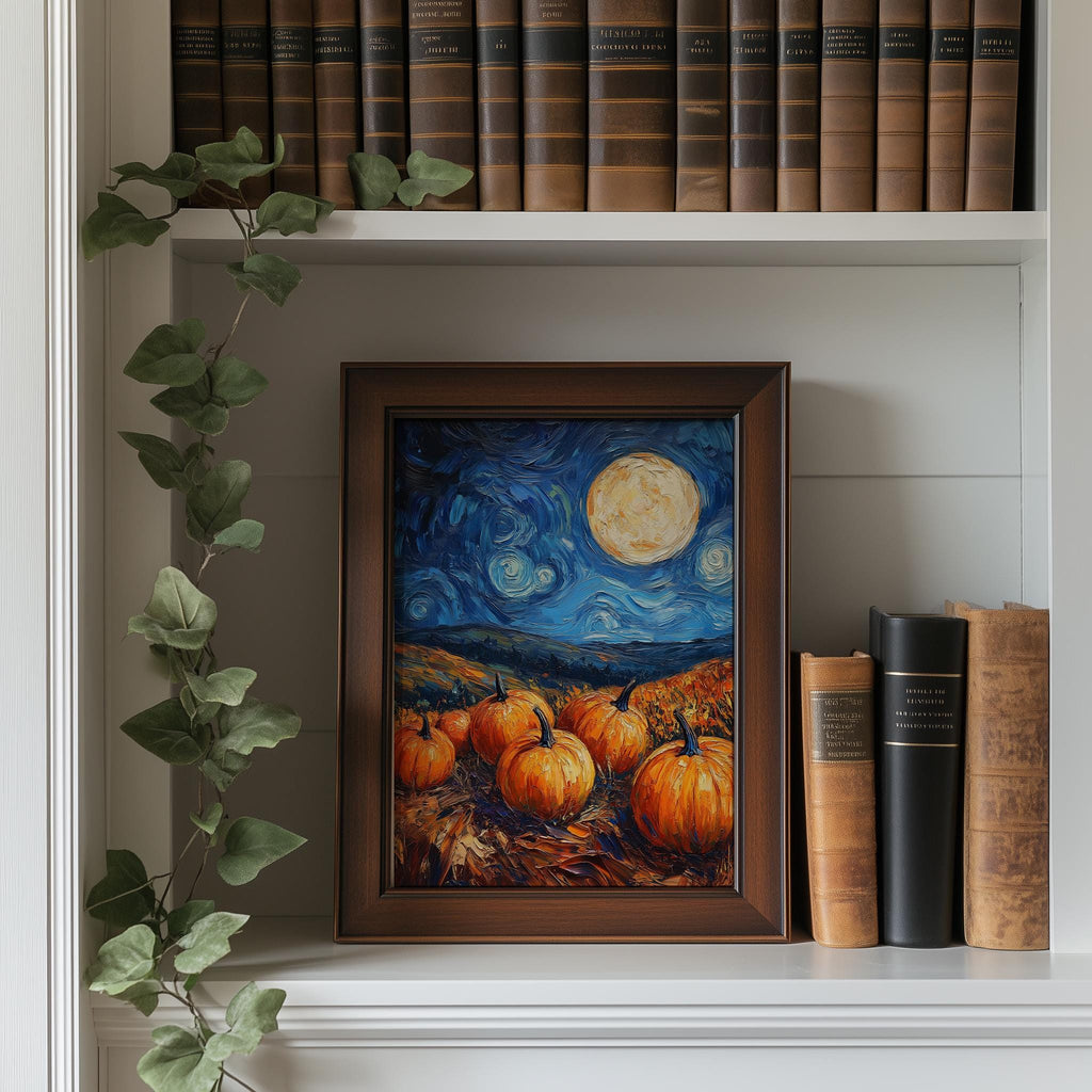 Moonlit Pumpkin Patch fall art print shown in a room setting