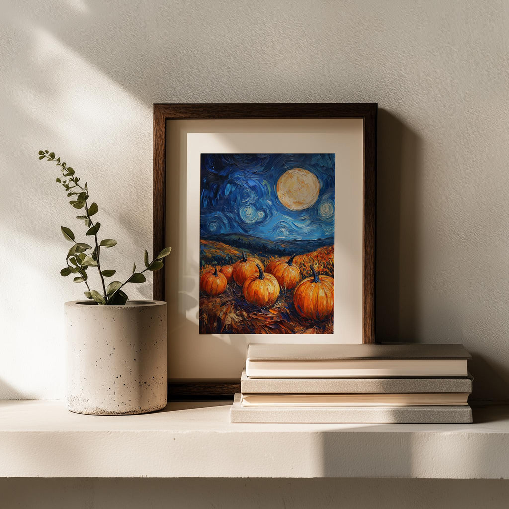 Moonlit Pumpkin Patch fall art print shown in a room setting