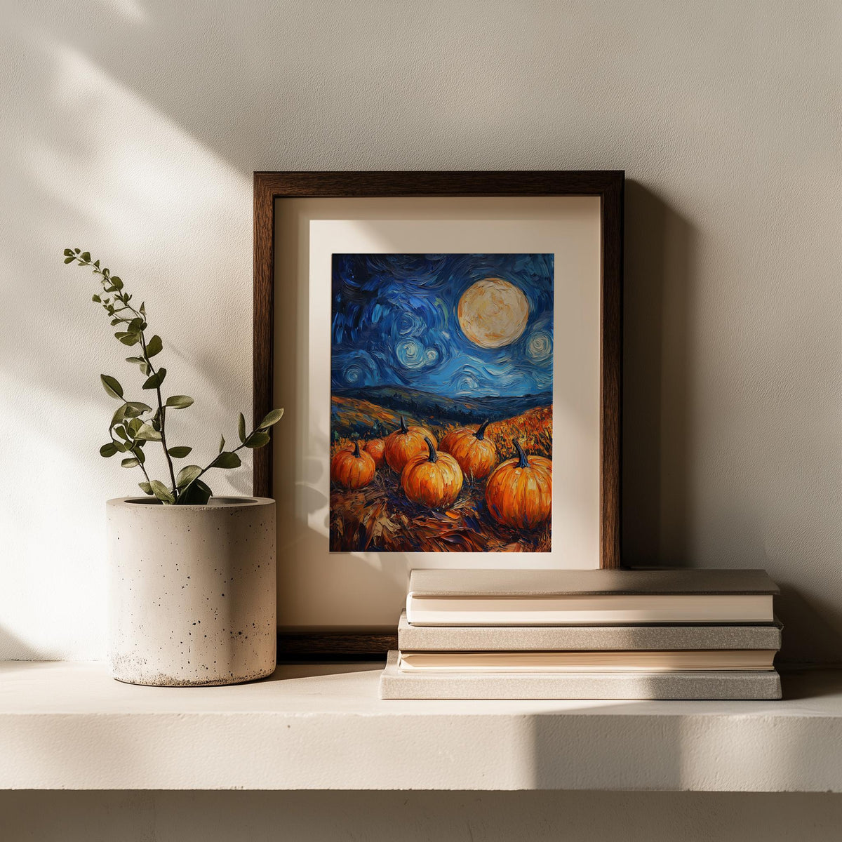 Moonlit Pumpkin Patch fall art print shown in a room setting