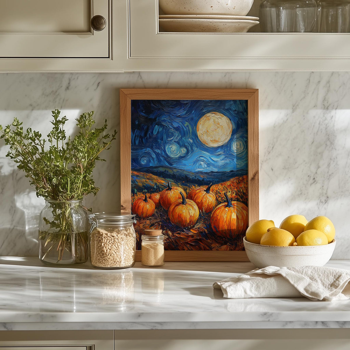 Moonlit Pumpkin Patch fall art print shown in a room setting