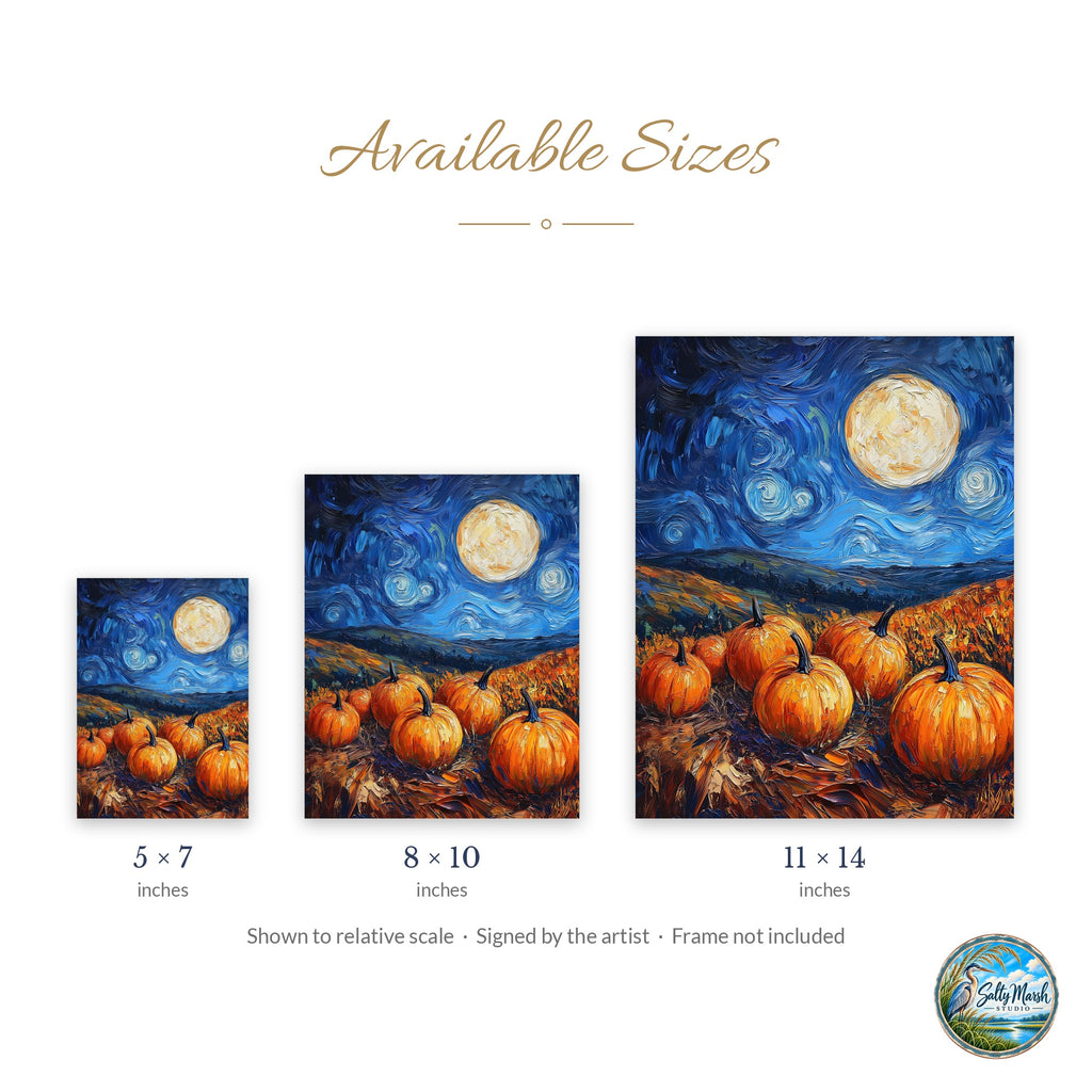 Moonlit Pumpkin Patch art print size guide: 5x7, 8x10 and 11x14