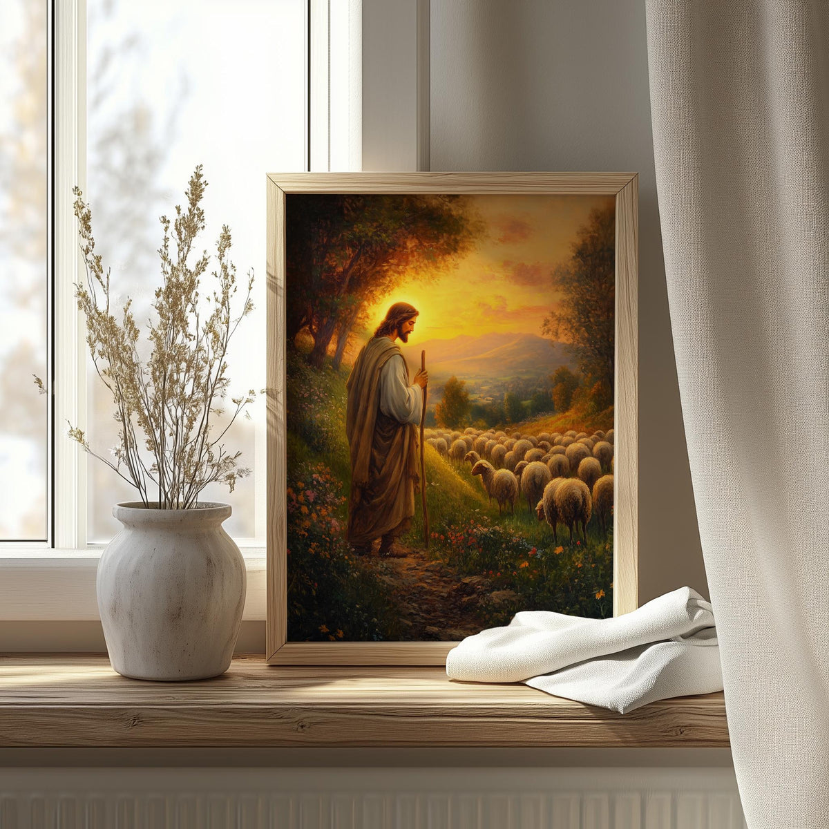 Good Shepherd faith art print shown in a room setting