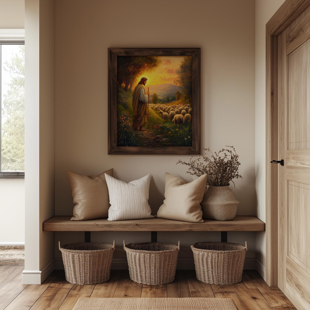 Good Shepherd faith art print shown in a room setting