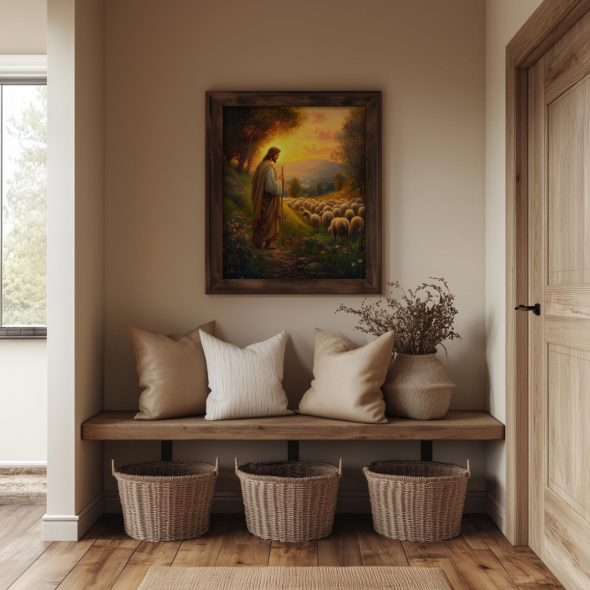 Good Shepherd faith art print shown in a room setting