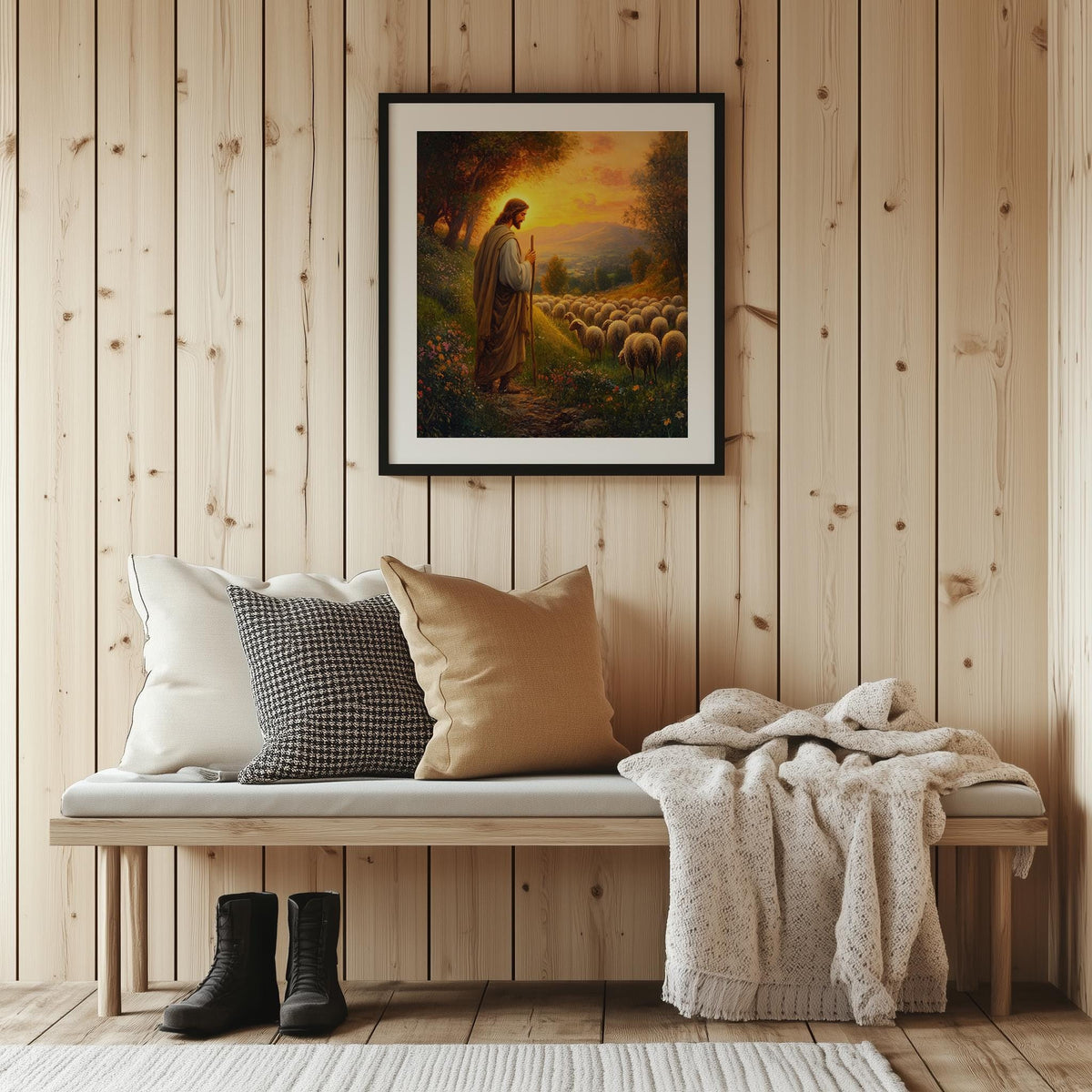 Good Shepherd faith art print shown in a room setting