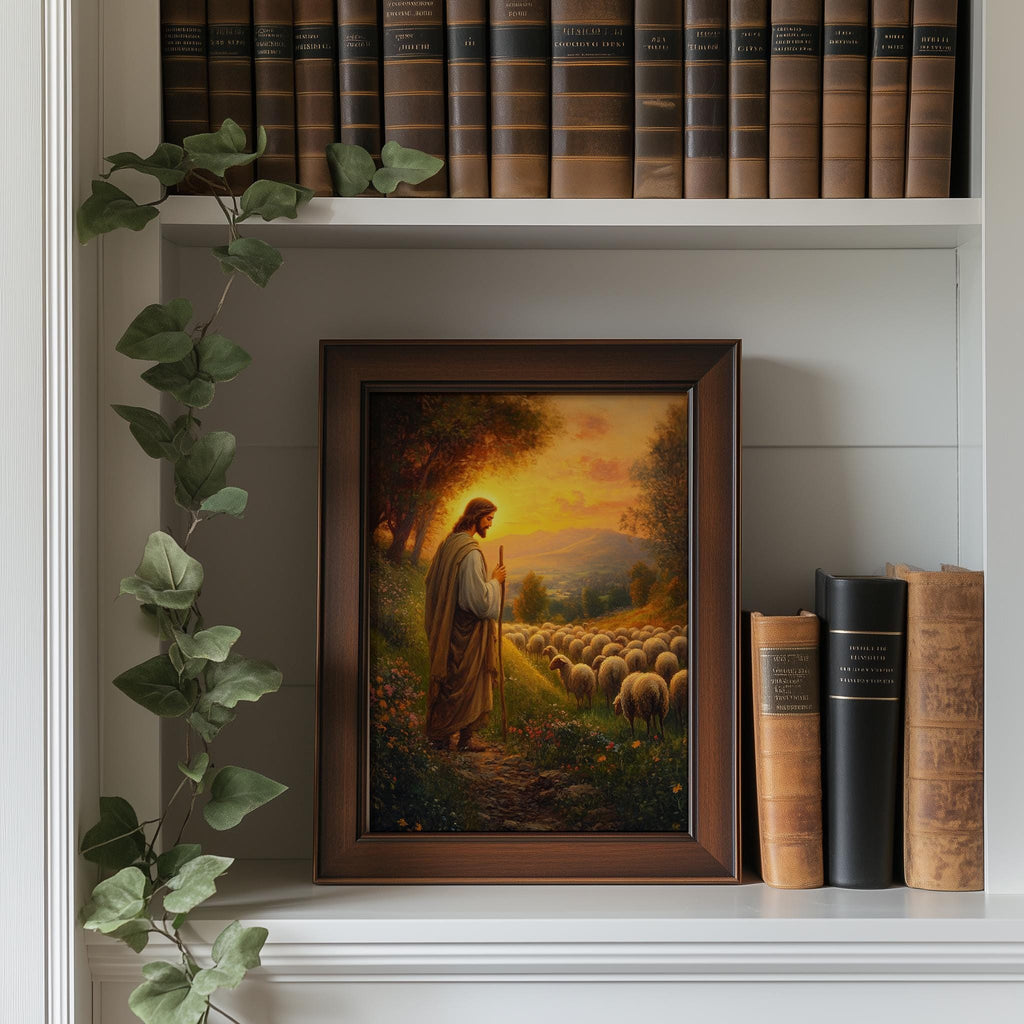 Good Shepherd faith art print shown in a room setting