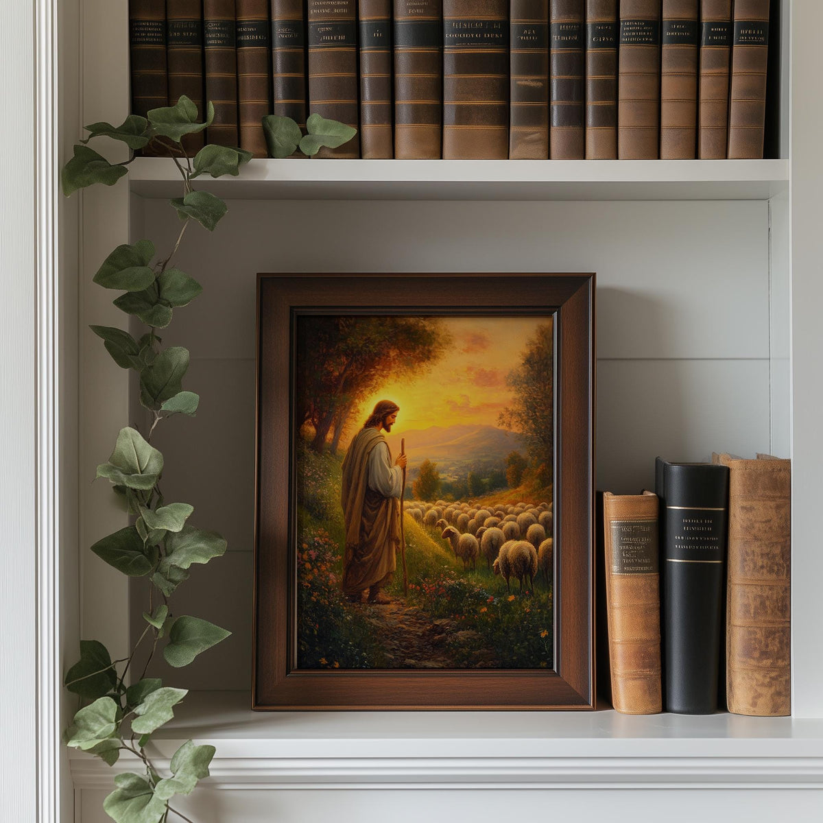 Good Shepherd faith art print shown in a room setting