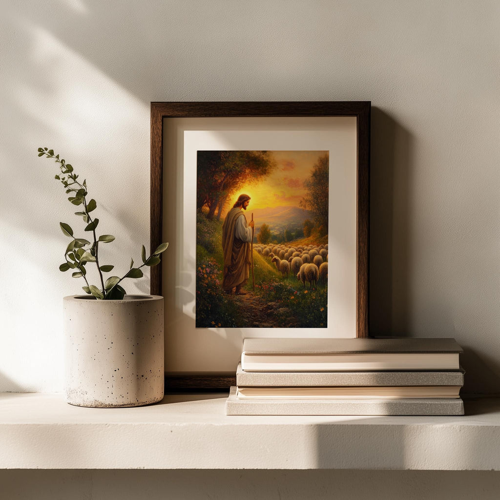 Good Shepherd faith art print shown in a room setting