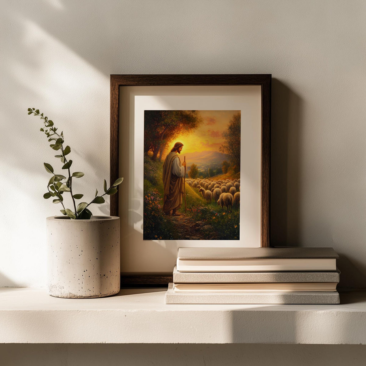 Good Shepherd faith art print shown in a room setting