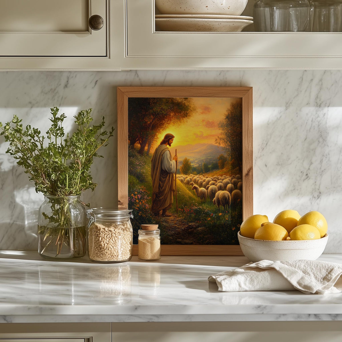 Good Shepherd faith art print shown in a room setting