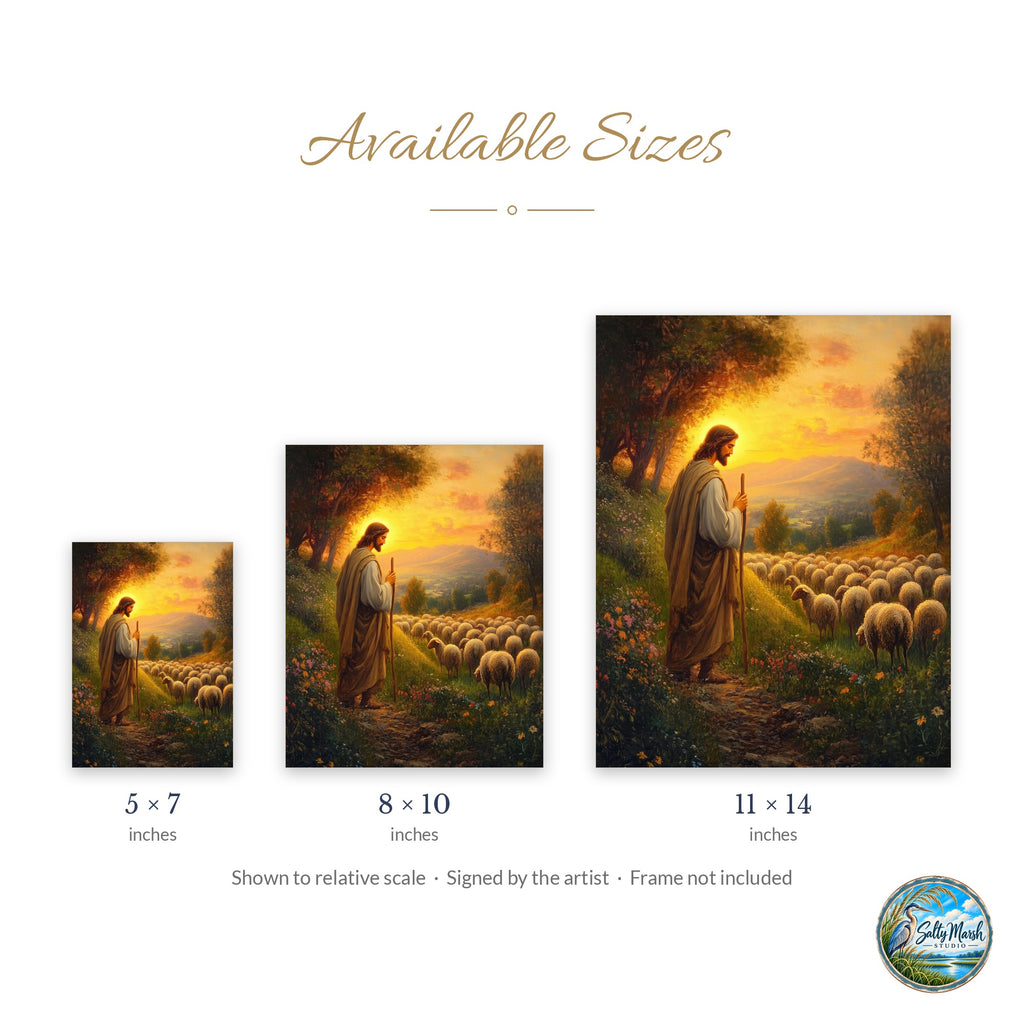 Good Shepherd art print size guide: 5x7, 8x10 and 11x14