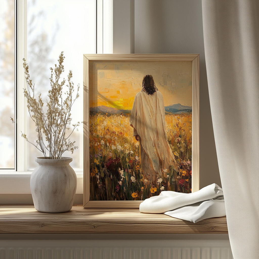 Jesus Meadow faith art print shown in a room setting