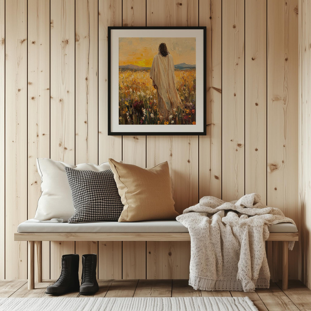 Jesus Meadow faith art print shown in a room setting