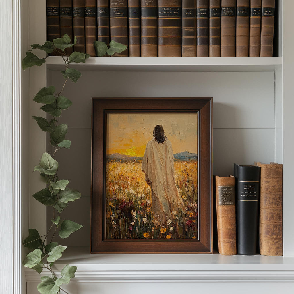 Jesus Meadow faith art print shown in a room setting