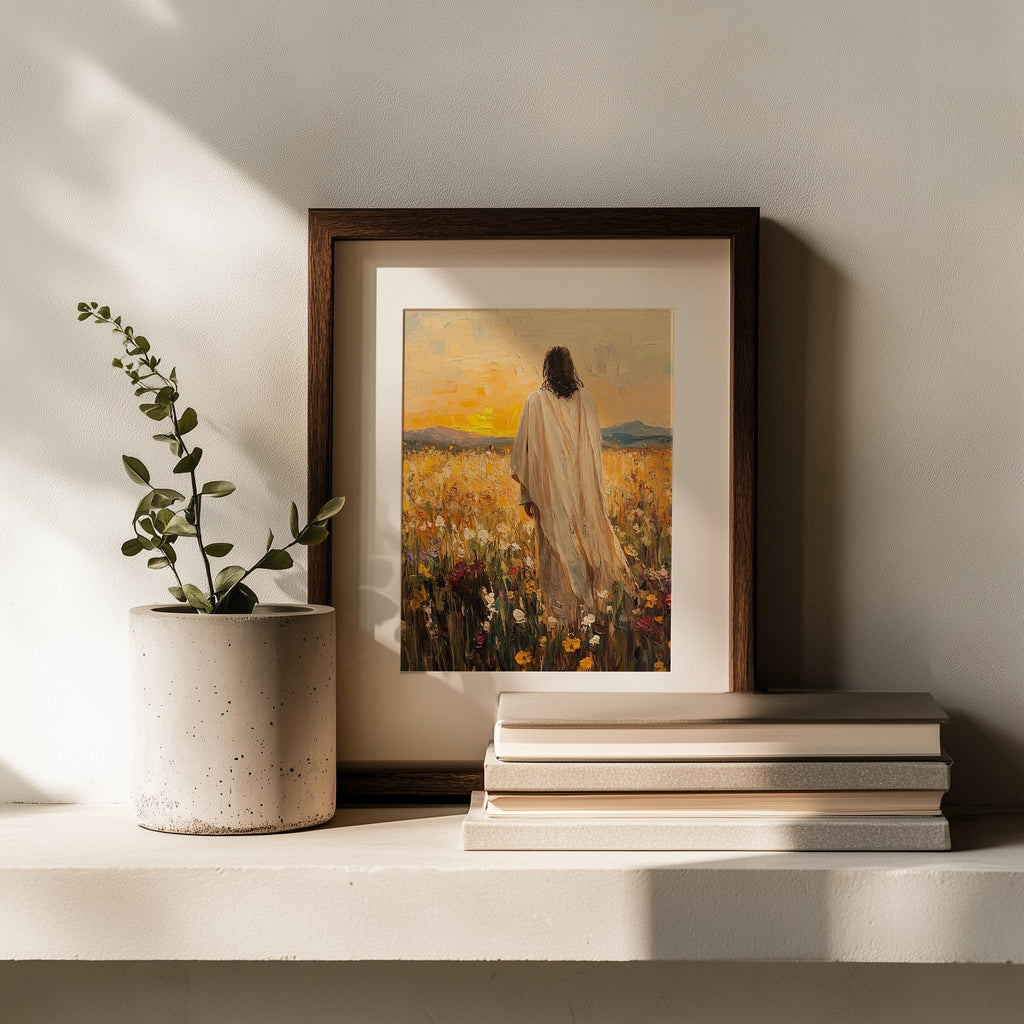 Jesus Meadow faith art print shown in a room setting