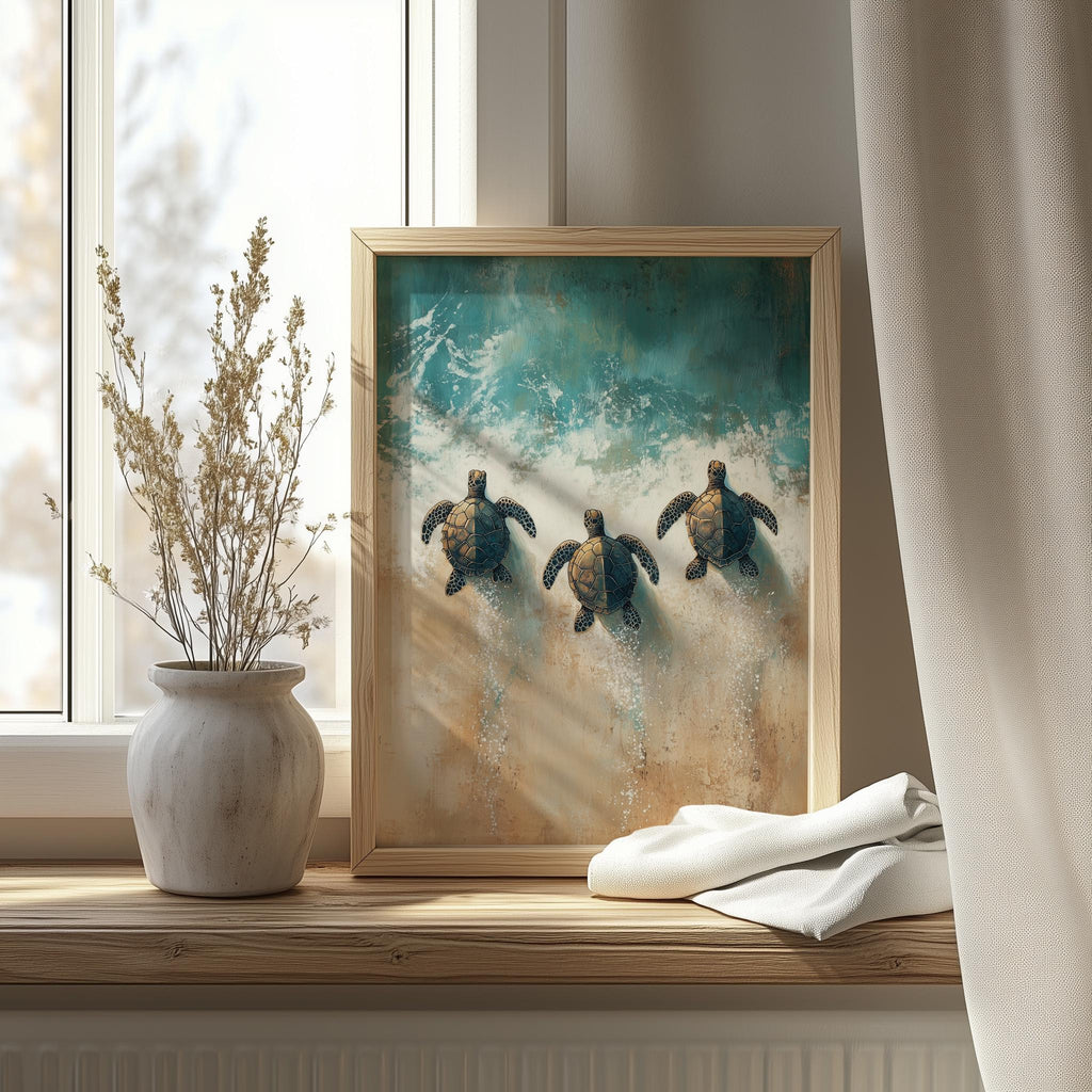 Baby Sea Turtles animal art print shown in a room setting