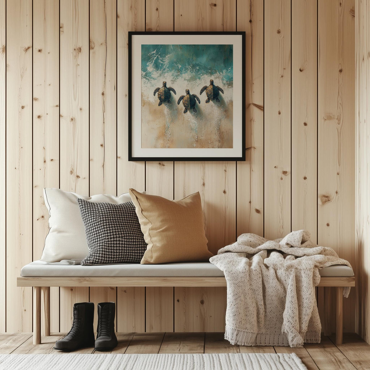 Baby Sea Turtles animal art print shown in a room setting