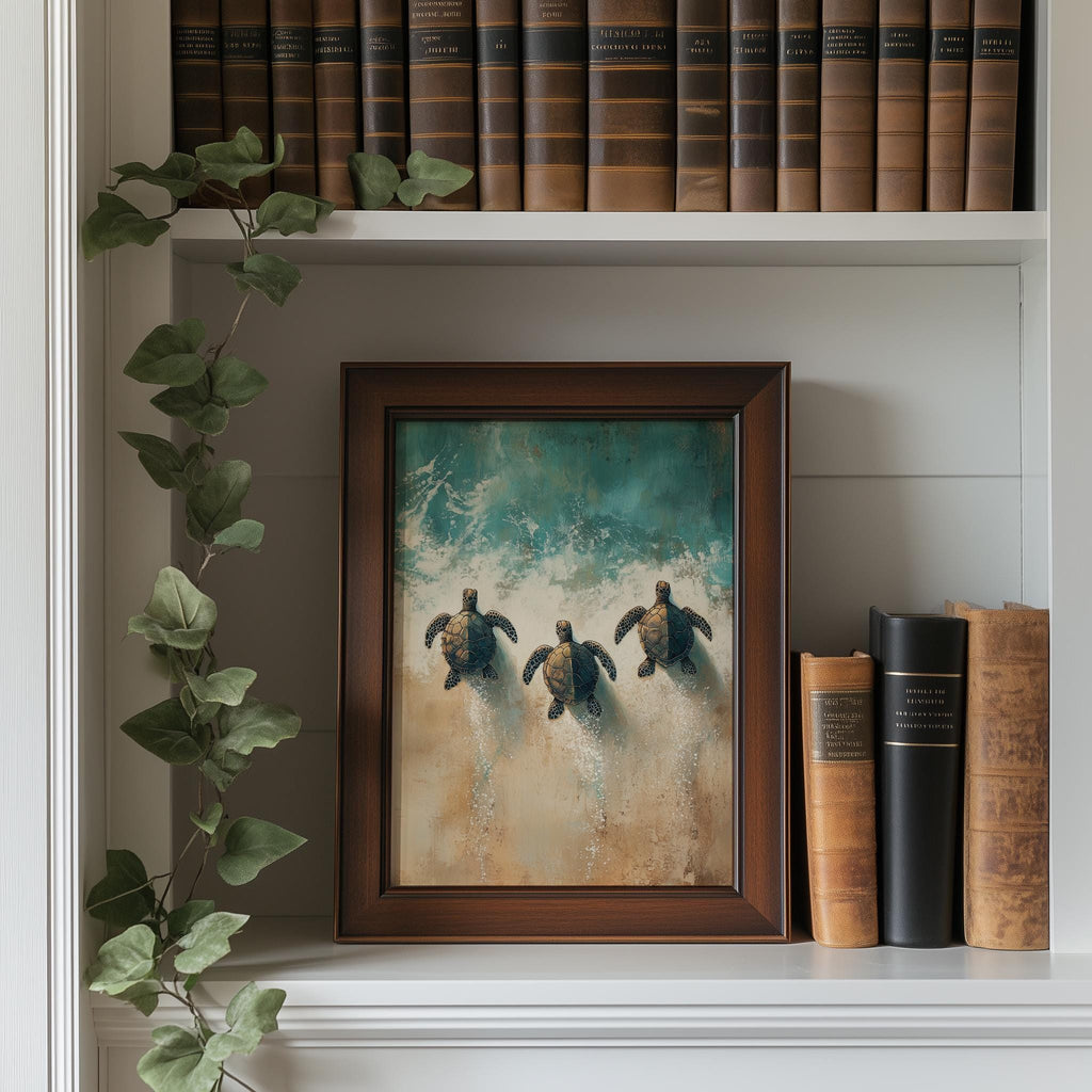 Baby Sea Turtles animal art print shown in a room setting