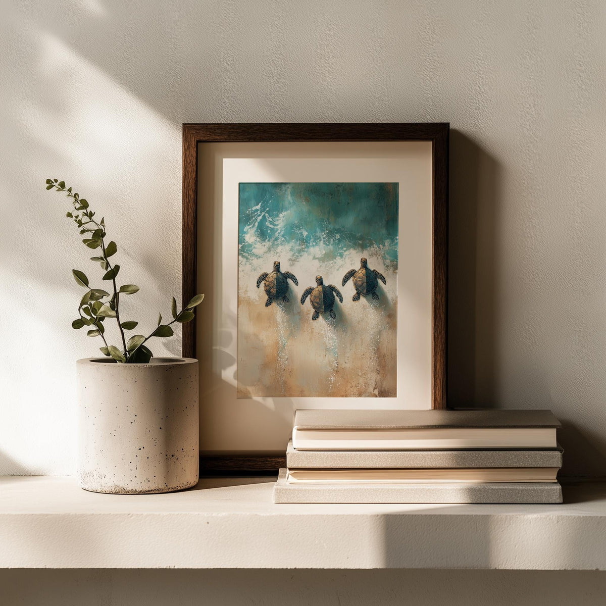 Baby Sea Turtles animal art print shown in a room setting
