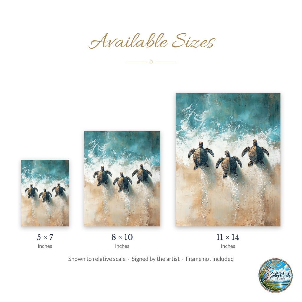 Baby Sea Turtles art print size guide: 5x7, 8x10 and 11x14