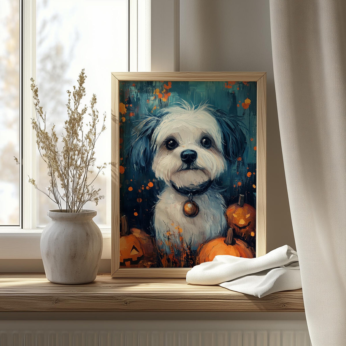 Spooky Puppy Halloween art print shown in a room setting