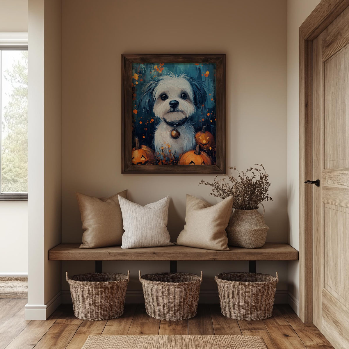 Spooky Puppy Halloween art print shown in a room setting