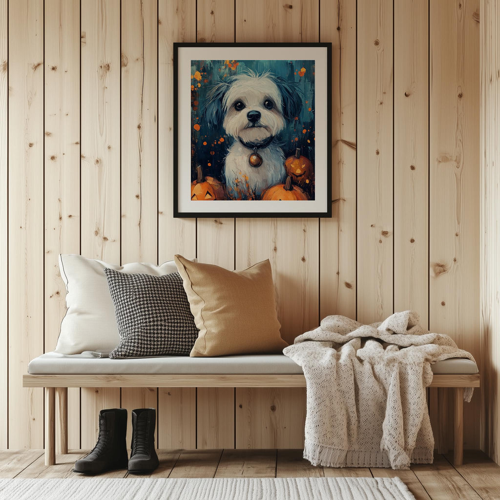 Spooky Puppy Halloween art print shown in a room setting