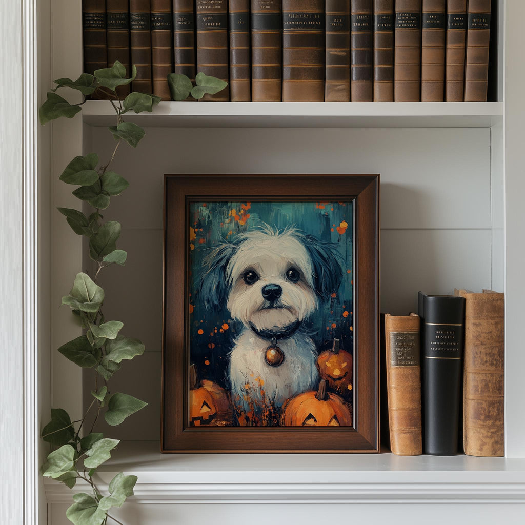 Spooky Puppy Halloween art print shown in a room setting