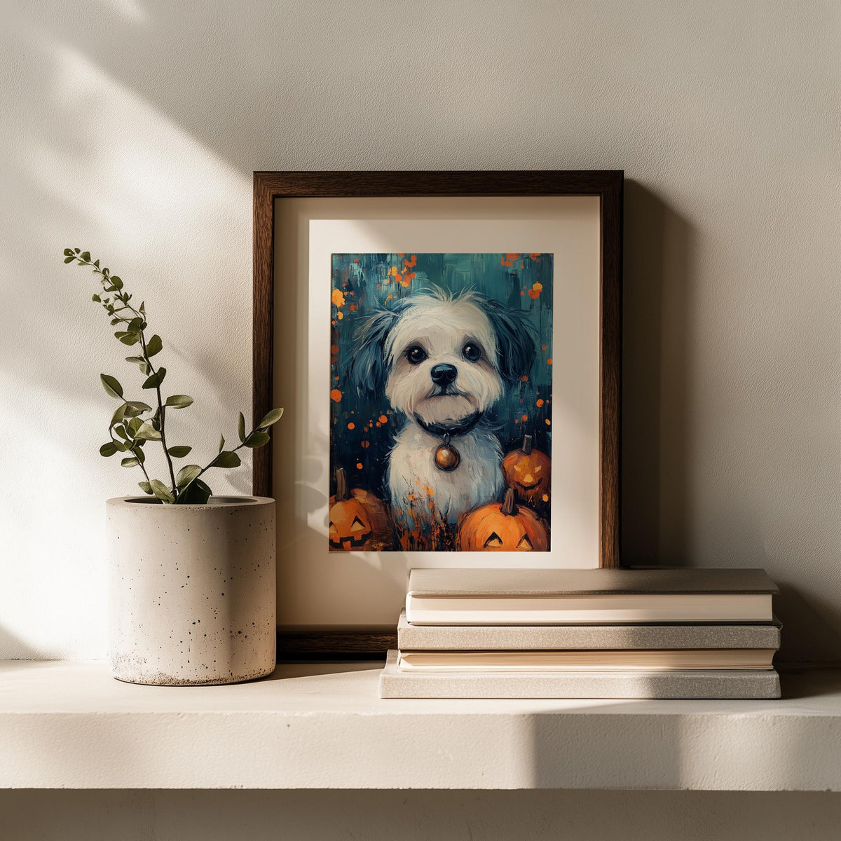 Spooky Puppy Halloween art print shown in a room setting