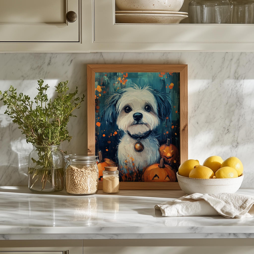 Spooky Puppy Halloween art print shown in a room setting