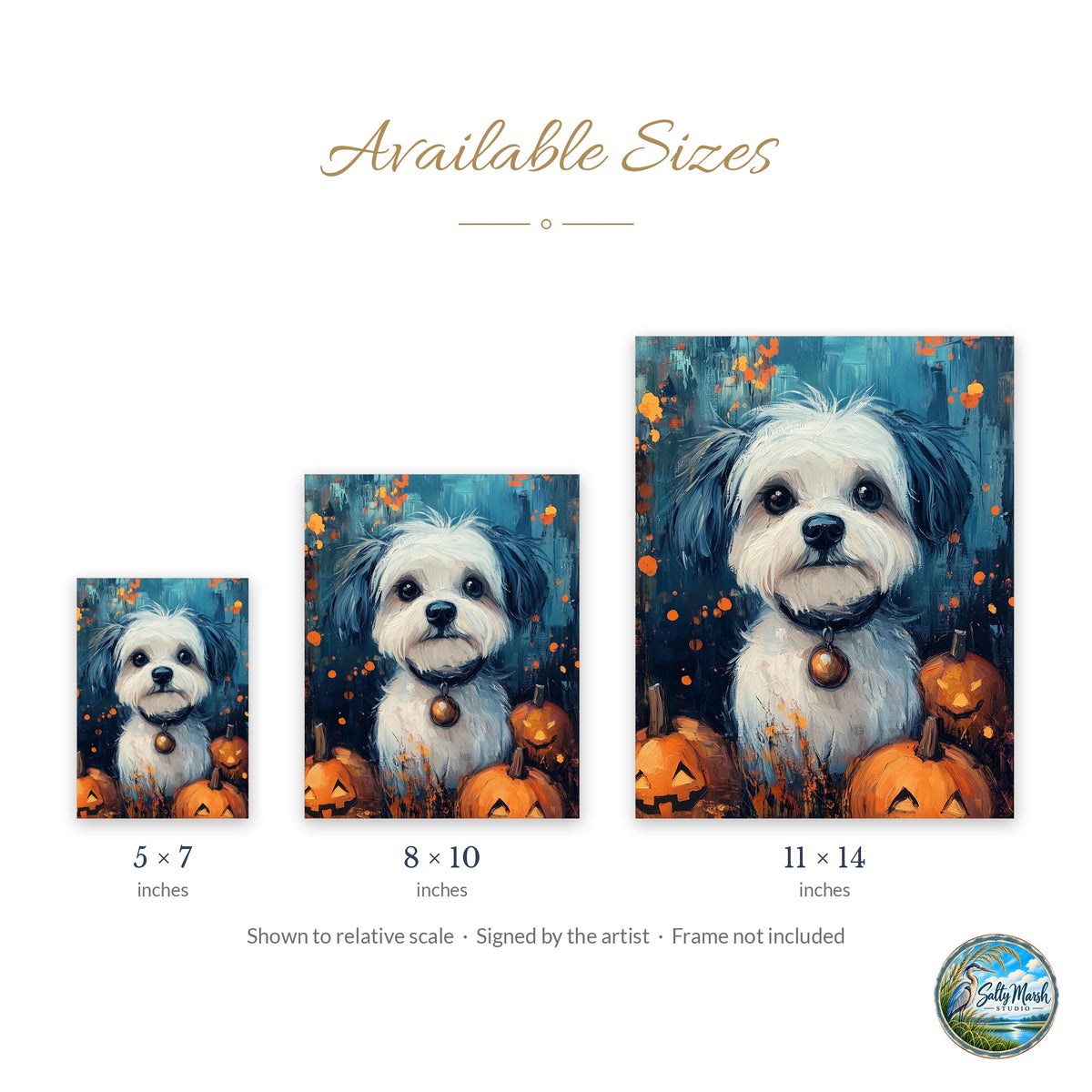 Spooky Puppy art print size guide: 5x7, 8x10 and 11x14
