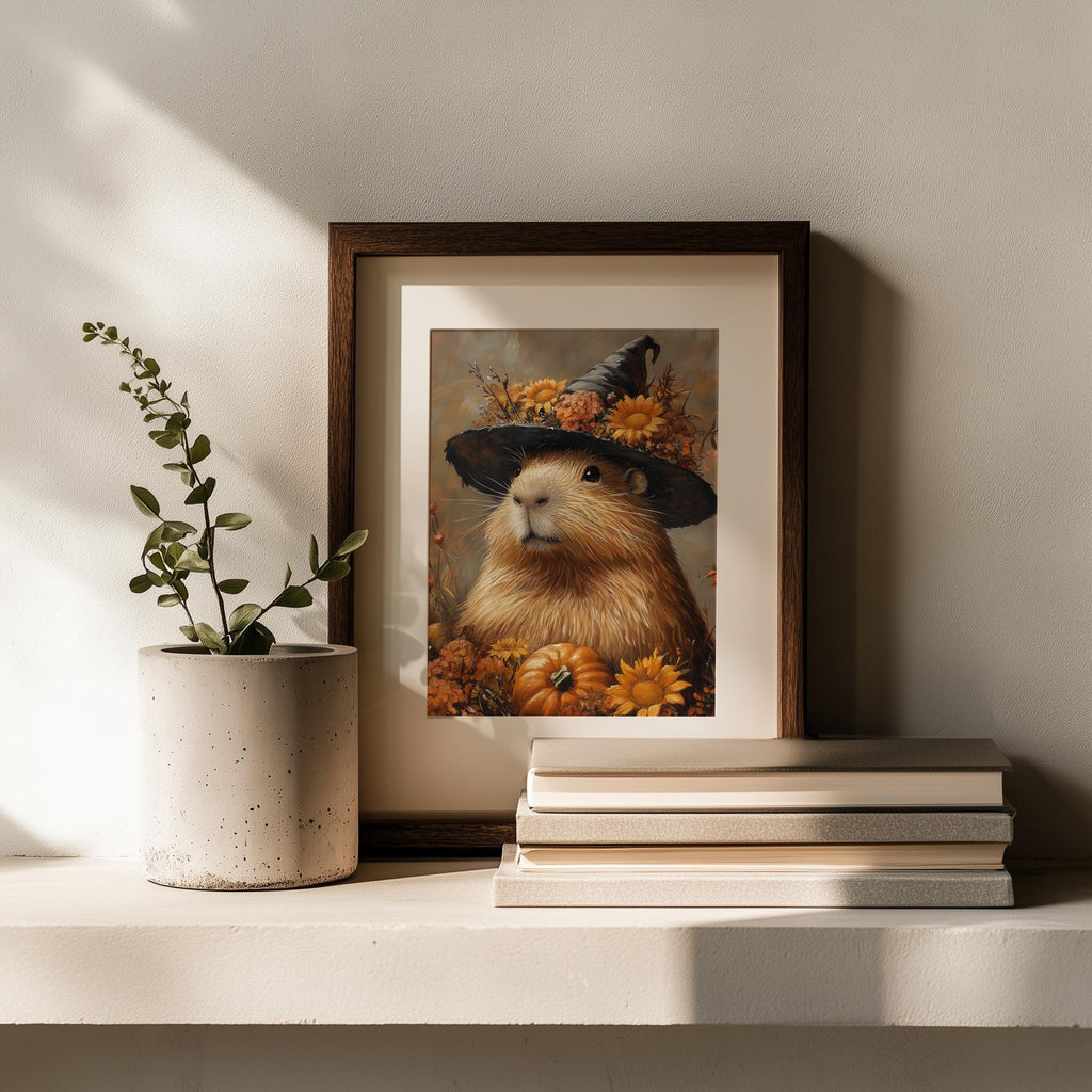 Capybara Witch Halloween art print shown in a room setting
