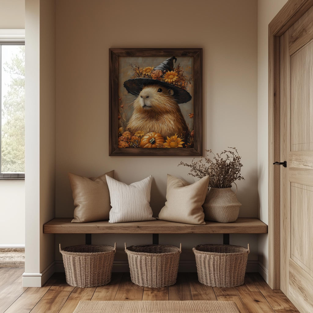 Capybara Witch Halloween art print shown in a room setting