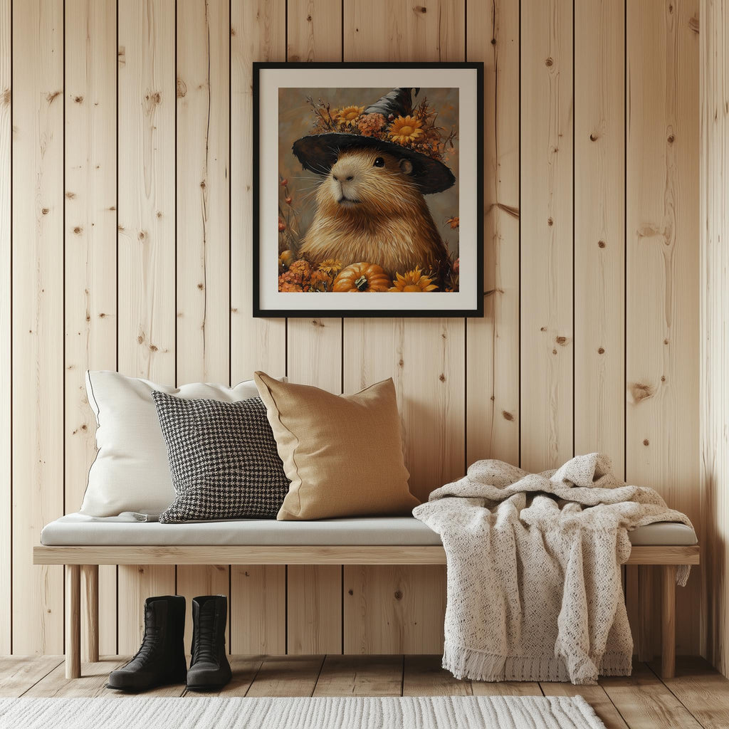 Capybara Witch Halloween art print shown in a room setting