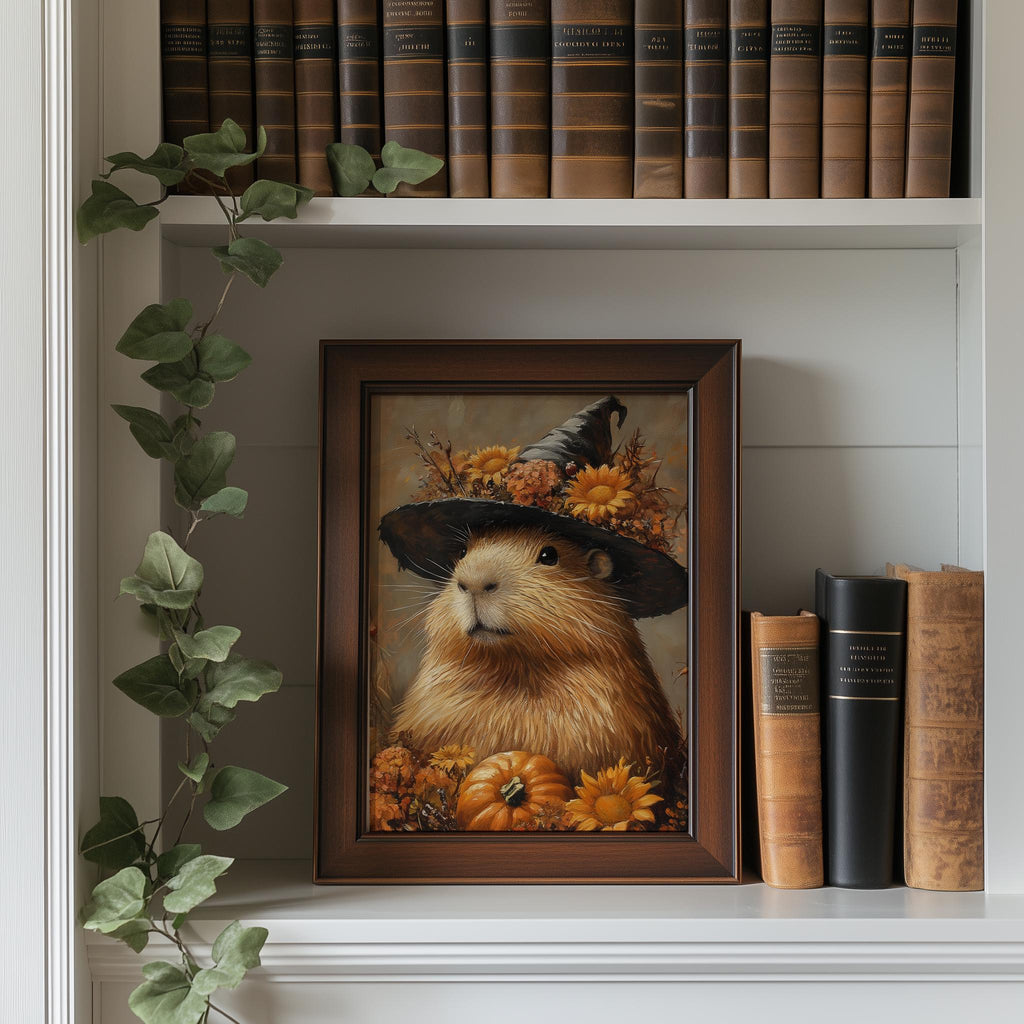Capybara Witch Halloween art print shown in a room setting