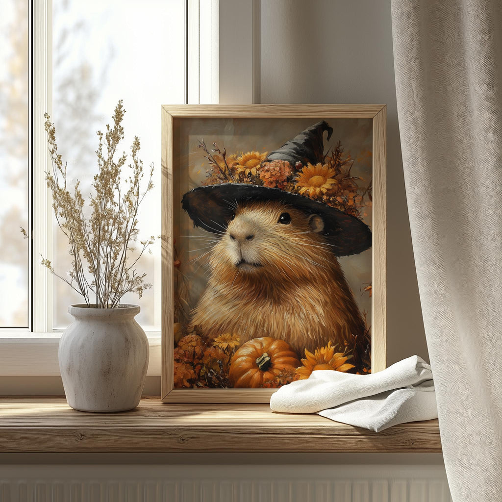 Capybara Witch Halloween art print shown in a room setting