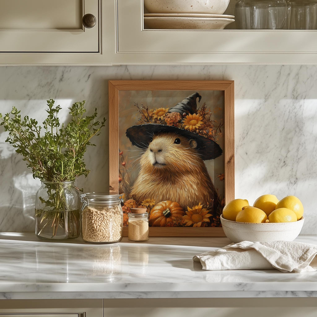 Capybara Witch Halloween art print shown in a room setting