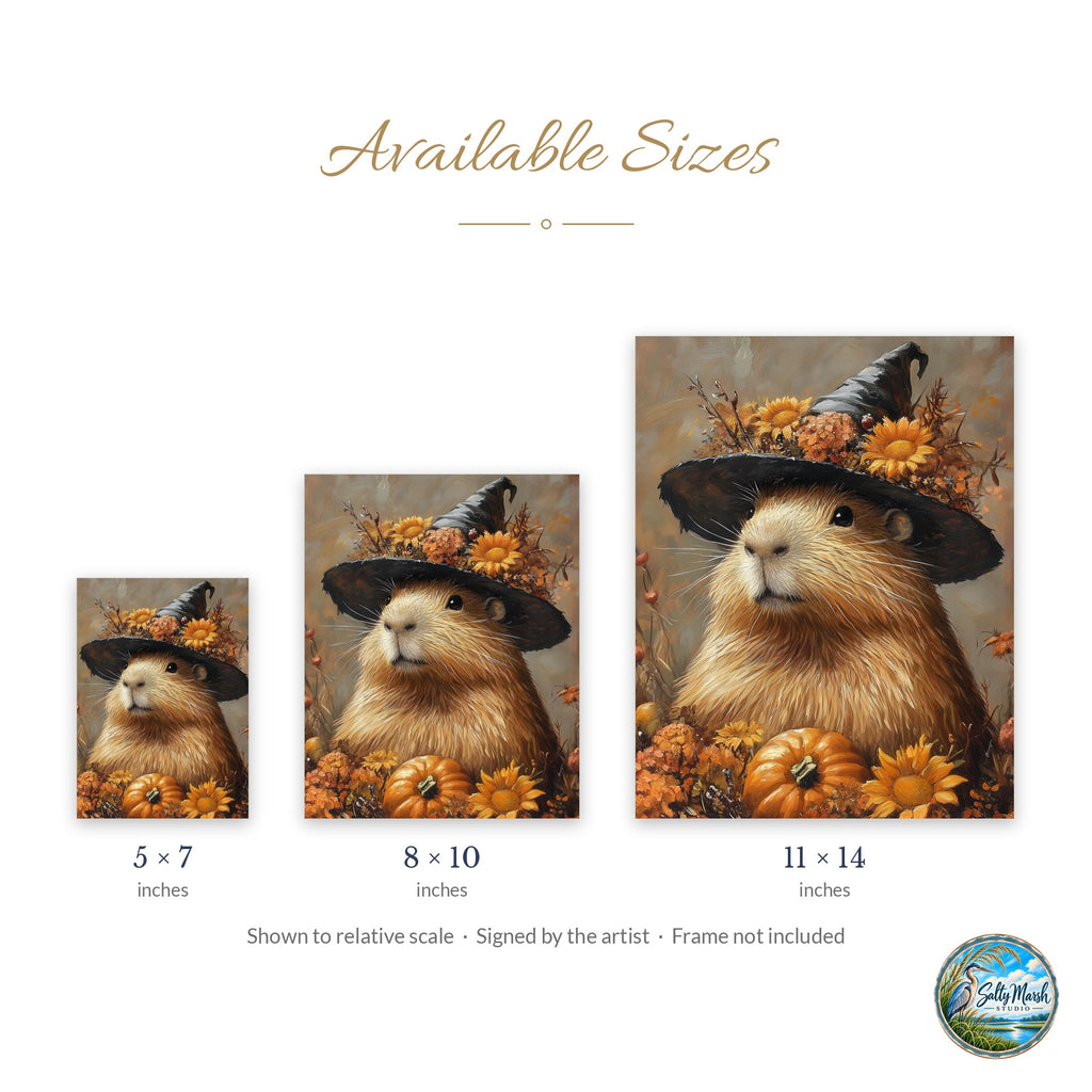 Capybara Witch art print size guide: 5x7, 8x10 and 11x14