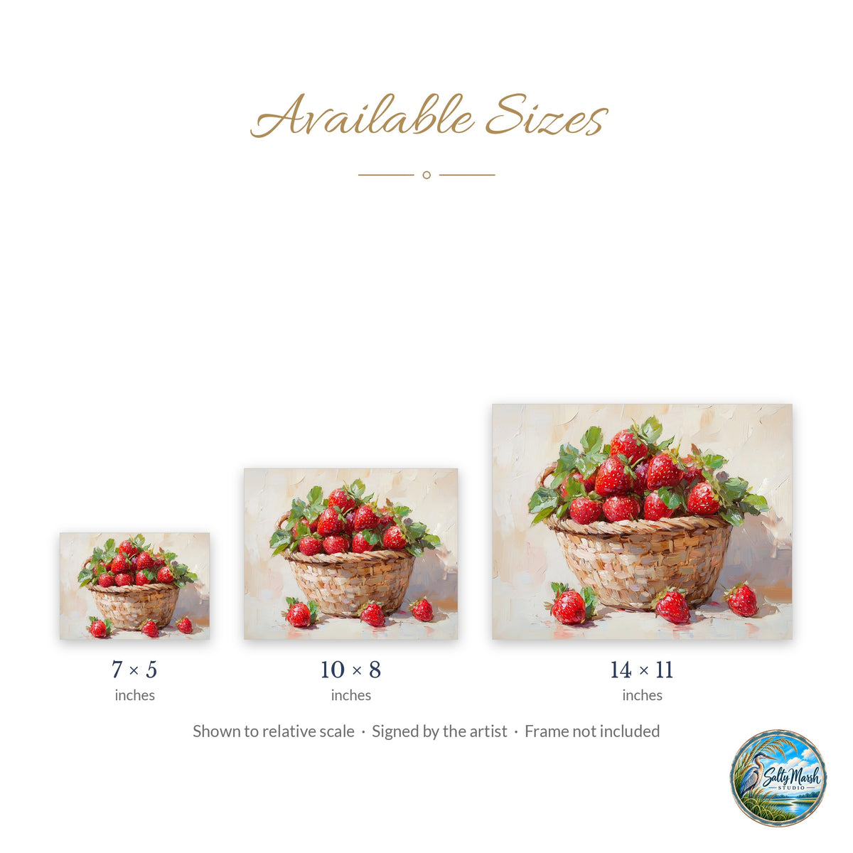 Strawberry Basket art print size guide: 5x7, 8x10 and 11x14