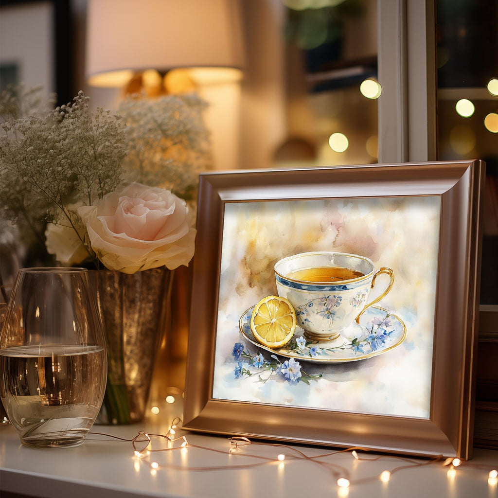 Teacup with Lemon kitchen art print shown in a room setting