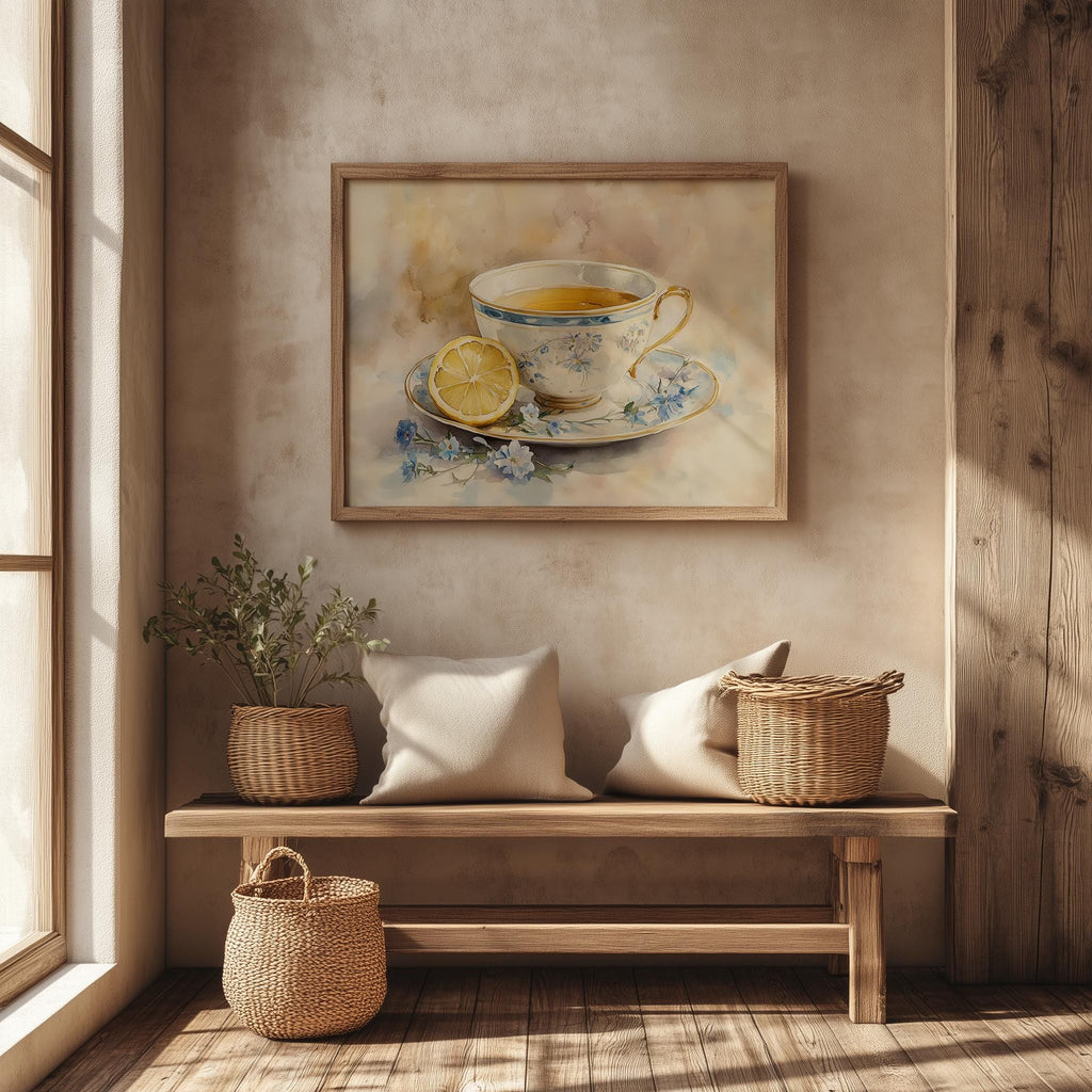 Teacup with Lemon kitchen art print shown in a room setting