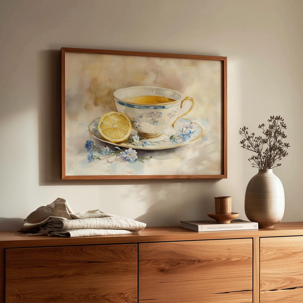 Teacup with Lemon kitchen art print shown in a room setting