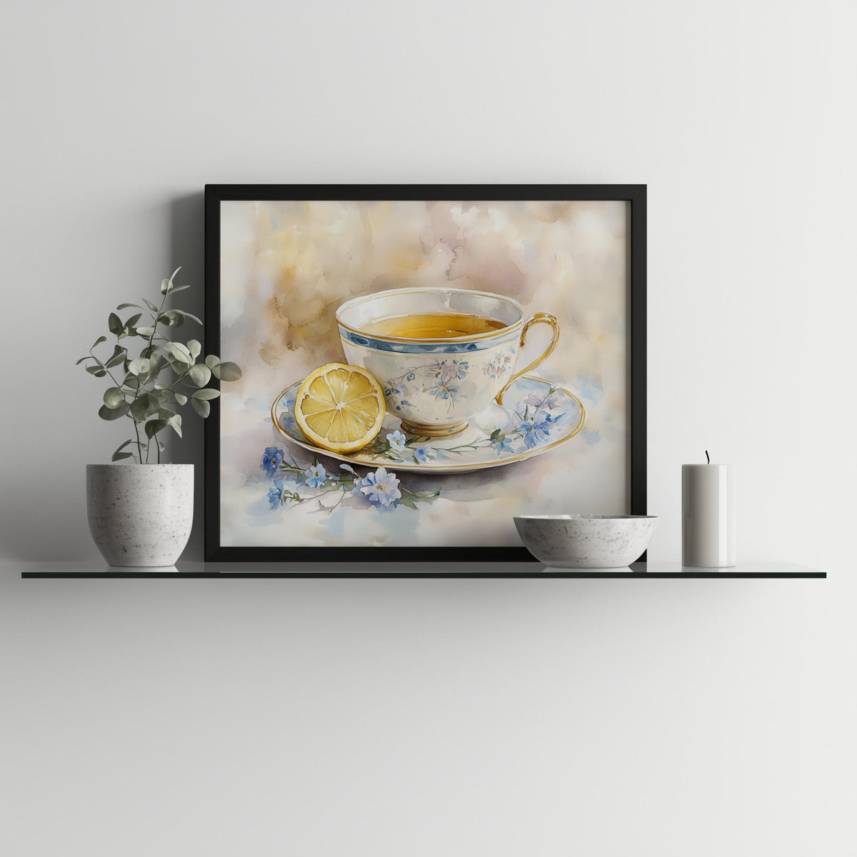 Teacup with Lemon kitchen art print shown in a room setting