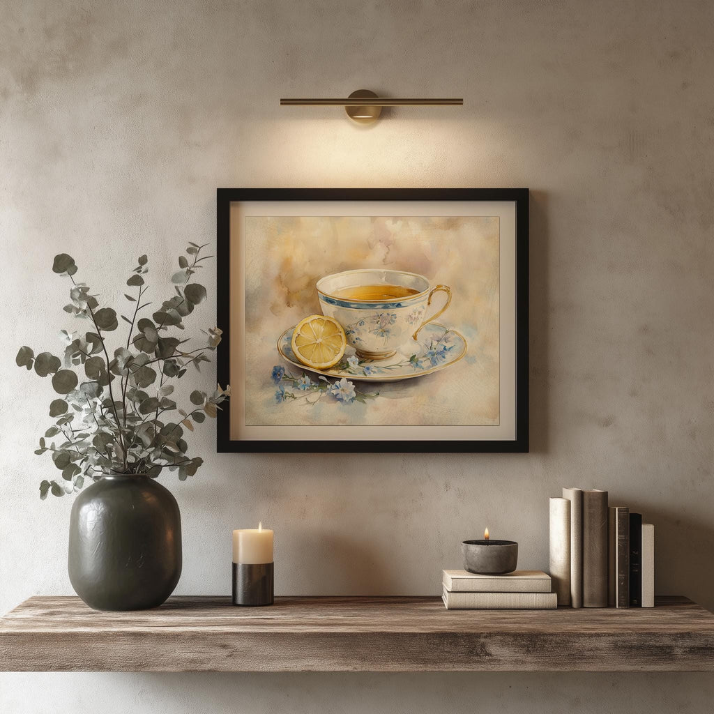 Teacup with Lemon kitchen art print shown in a room setting