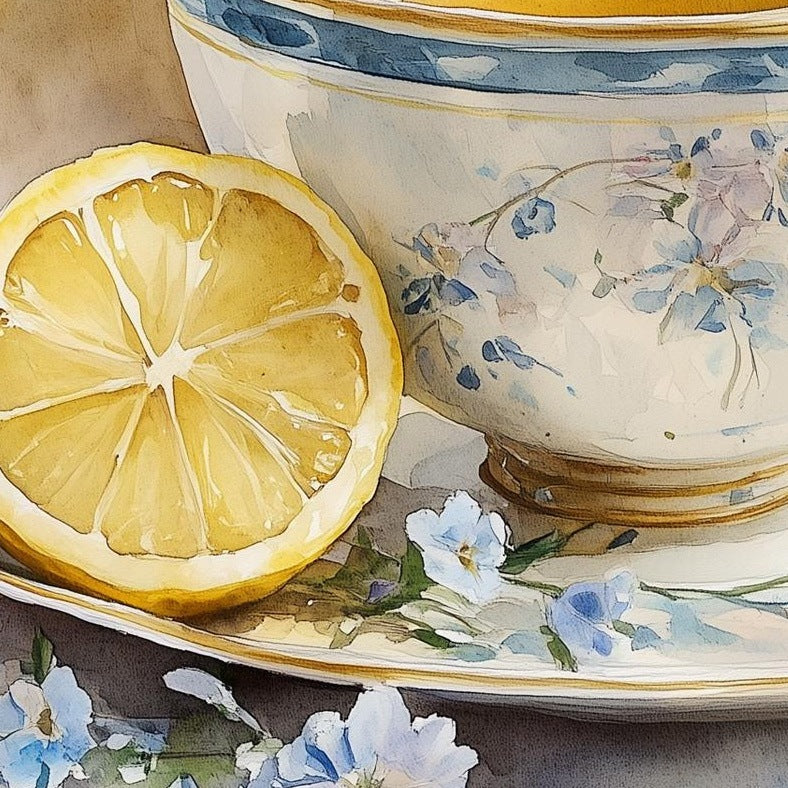 Teacup with Lemon kitchen art print close-up detail