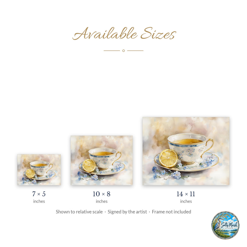Teacup with Lemon art print size guide: 5x7, 8x10 and 11x14